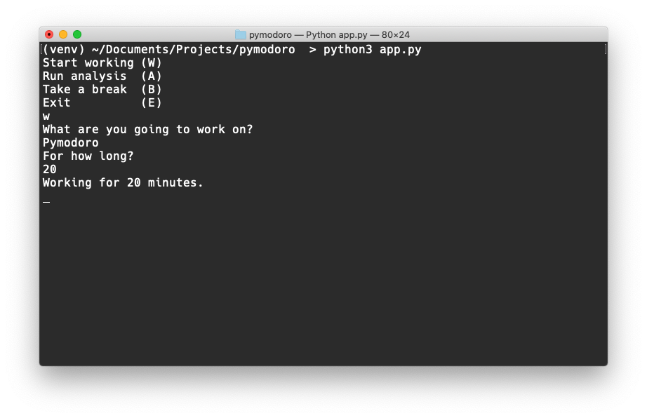 Pymodoro app in action